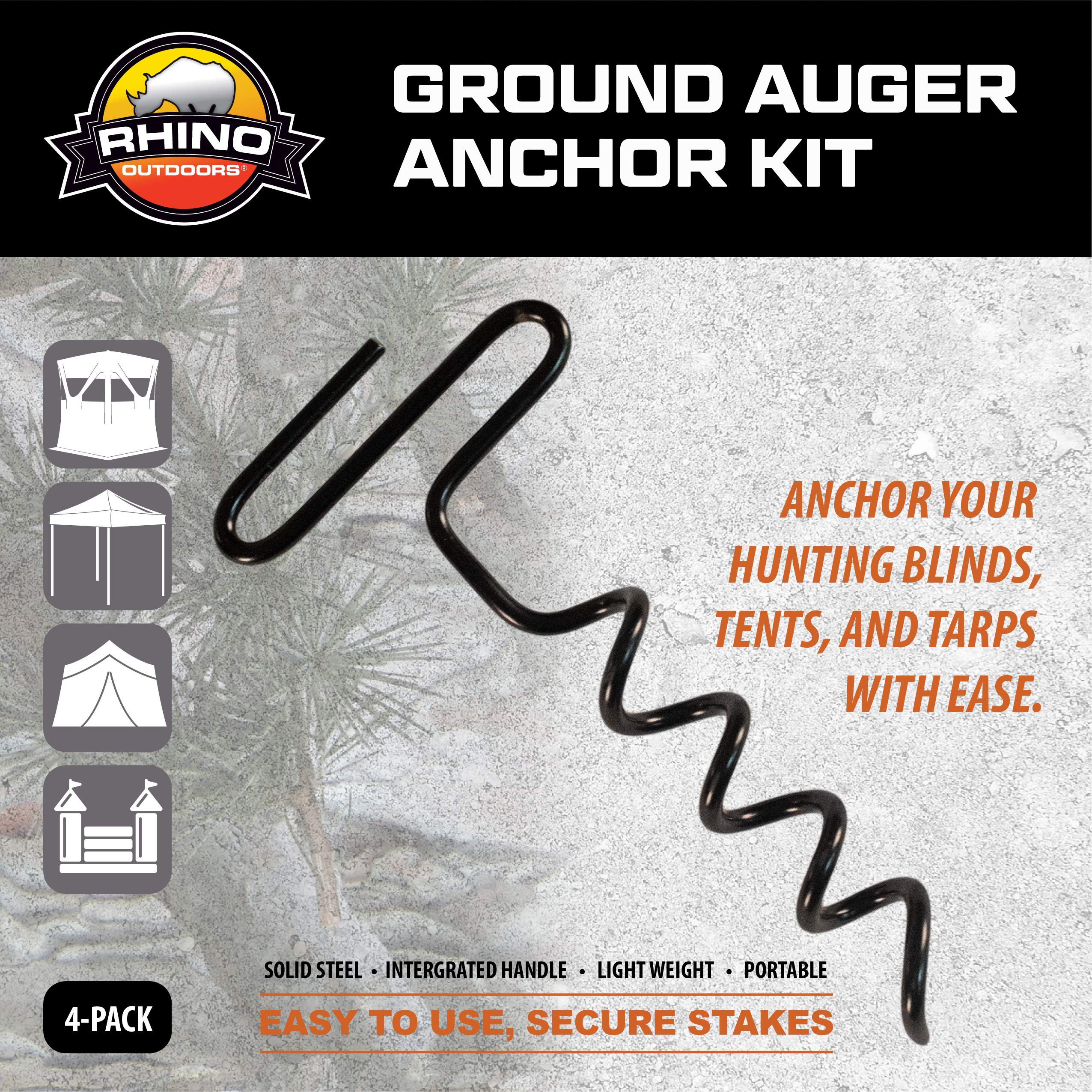 OUTDOORS RHINO Auger Stakes, Heavy Duty Tent Stakes for Blinds and Tarps, 4-Pack,Silver