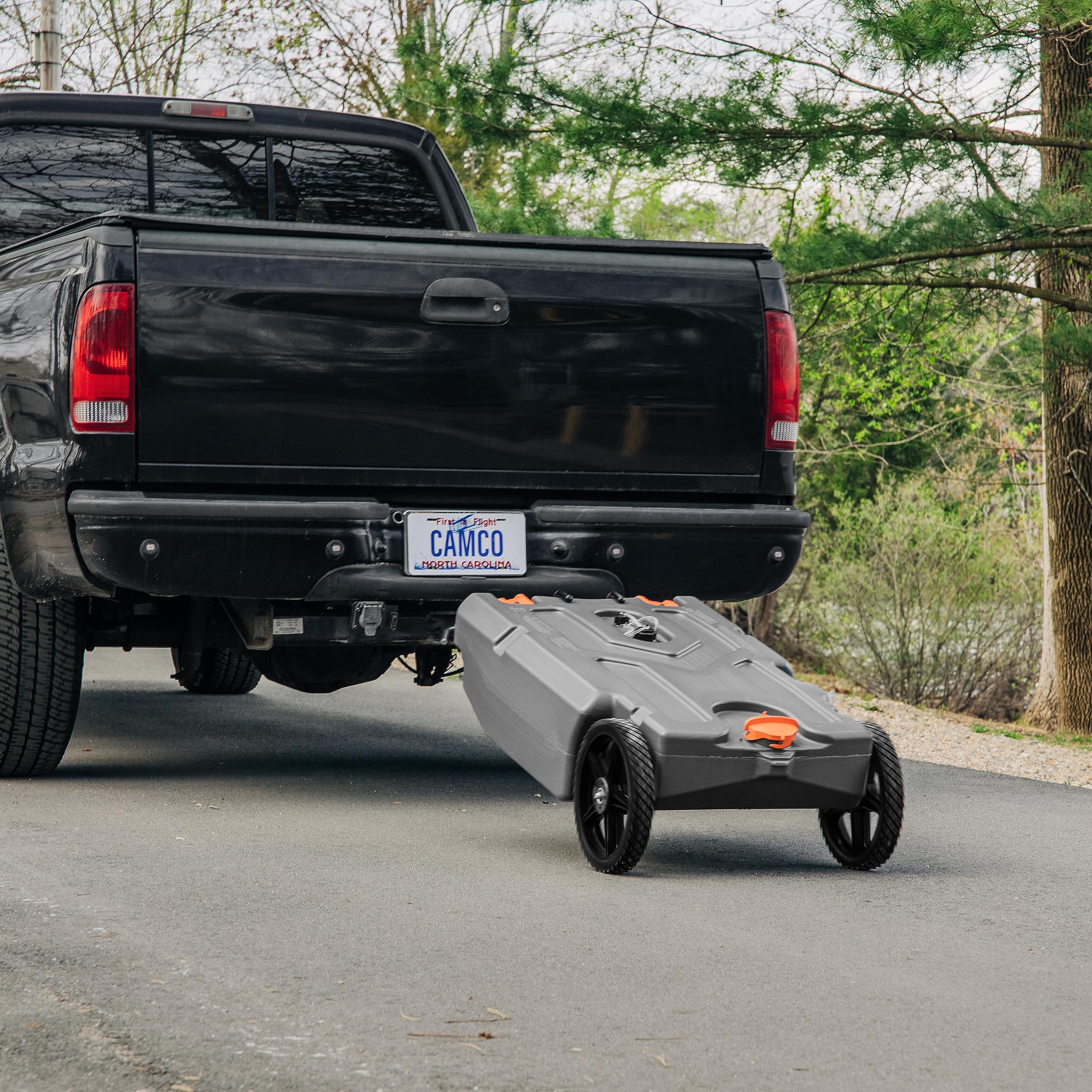 Camco 36-Gallon Rhino Camper/RV Tote Tank - Features Large Heavy-Duty No-Flat Wheels & Built-In Gate Valve - Removable Steel Tow Adapter, 3’ Sewer Hose & More RV Accessories (39006)