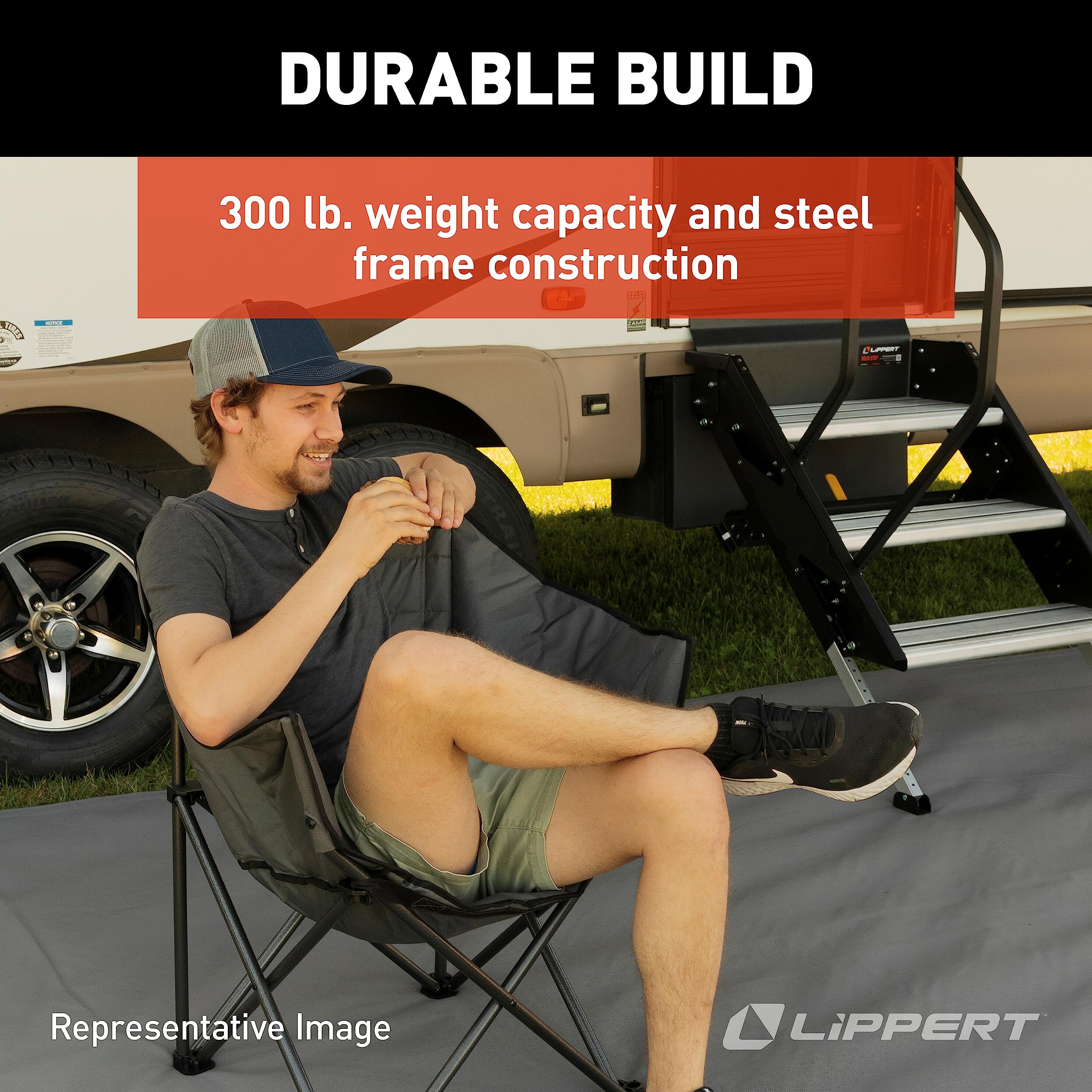 Lippert Deluxe Campfire Folding Chair - Sand, High-Loft, Foldable Cushion Chair, Dual Cup Holders, Power Coated Steel Frame, Durable 600D Outdoor Polyester Fabric, 500 lb. Capacity, 2022114828