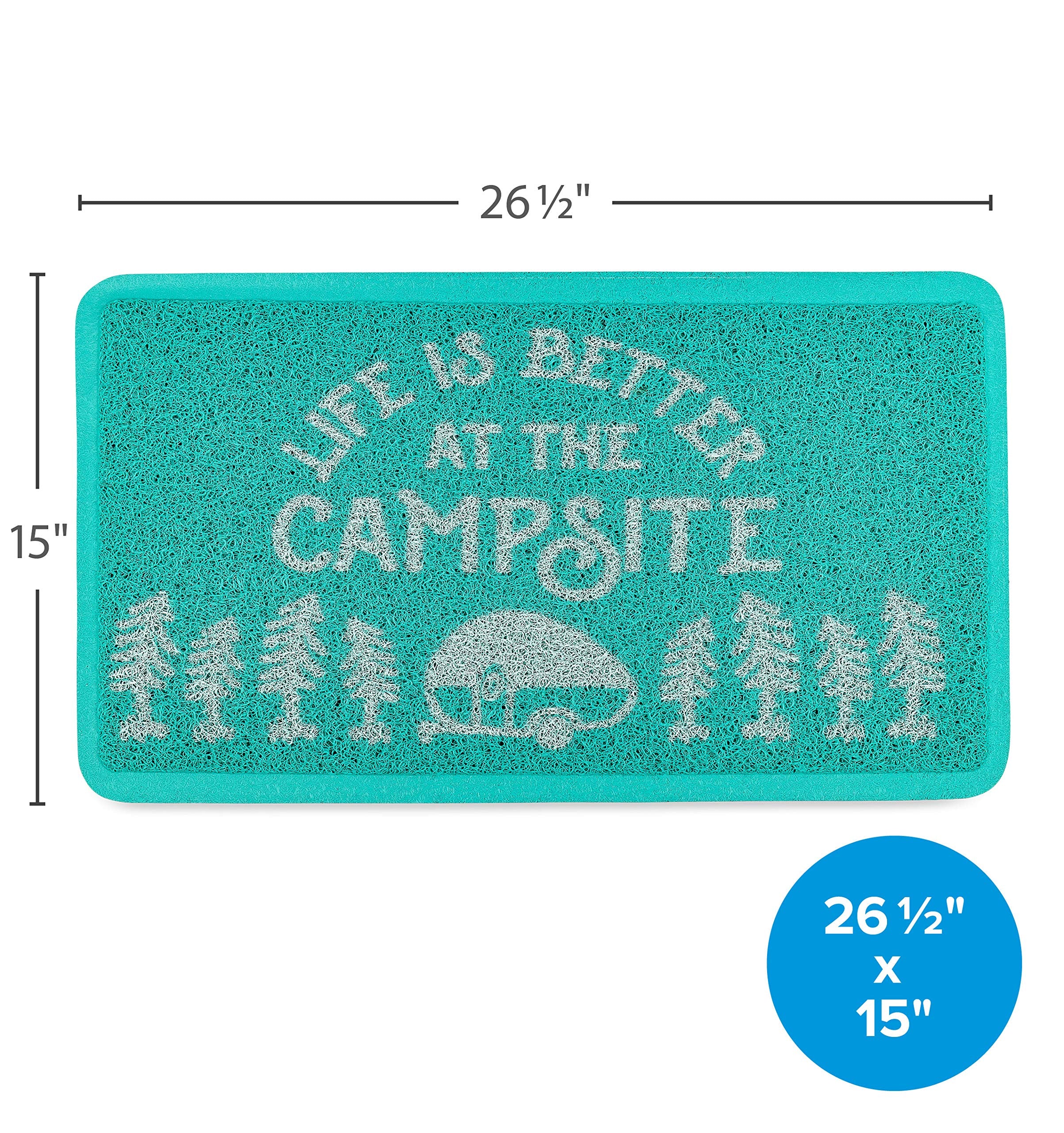 Camco Scrub Rug Life is Better at The Campsite | Ideal for Homes, Outdoors, Under Pet Bowls and More | Easy to Clean | Teal/White, Small (53199)