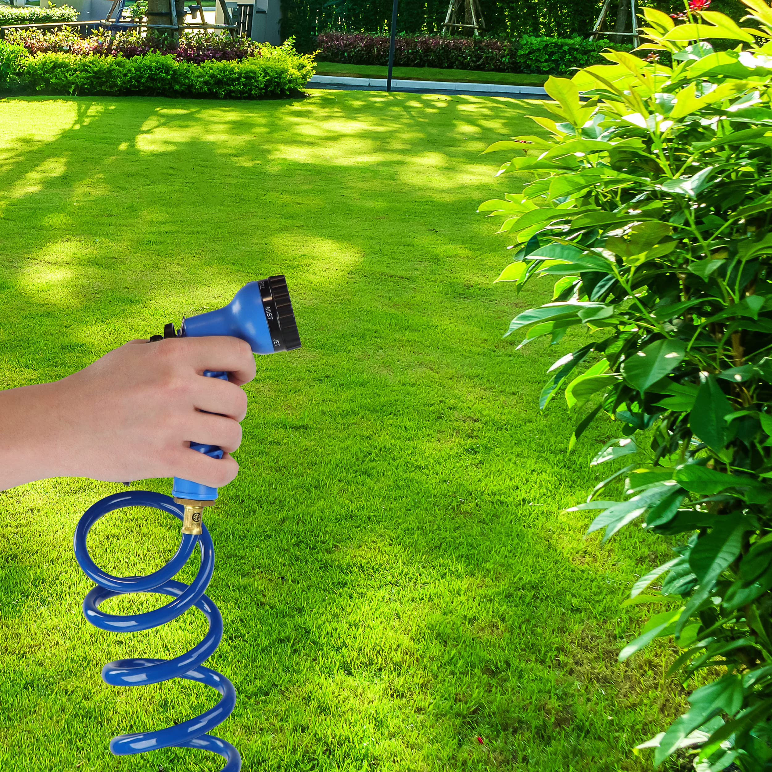 RV Potable Water Hose Set Empire Faucets - 15ft Blue Coil Hose and 7-Function Sprayer - Recoiling Spiral Water Hose