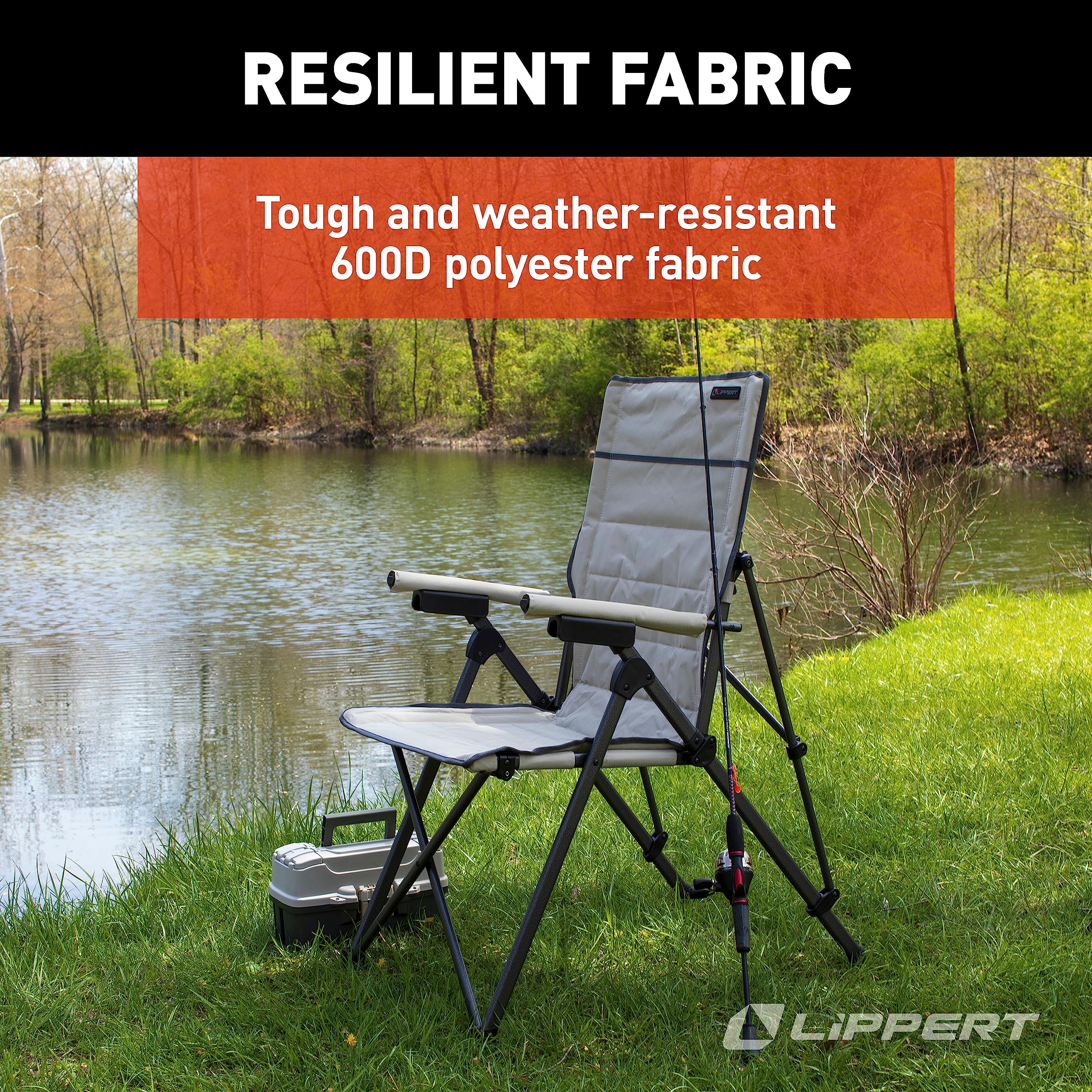 Sun Soaker Lippert Three-Position Reclining Camping Chair with 600D Polyester Fabric, Padded Back/Seat, Steel Frame Construction, 250-lb. Weight Capacity, Sand Color - 2022120580