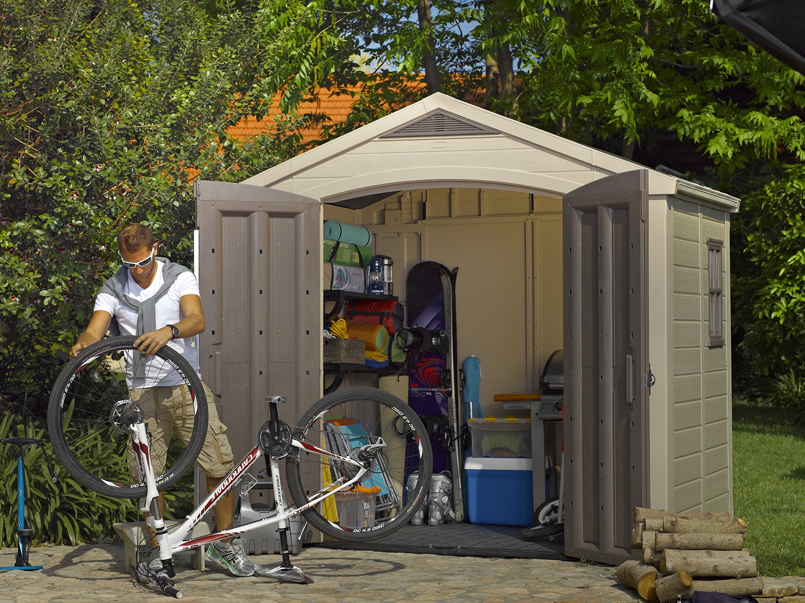 Keter Large Factor (8x6 ft) Resin Outdoor Storage Shed for Patio Furniture, Lawn Mower, Garden Accessories Yard Tools, and Pool Toys, Taupe