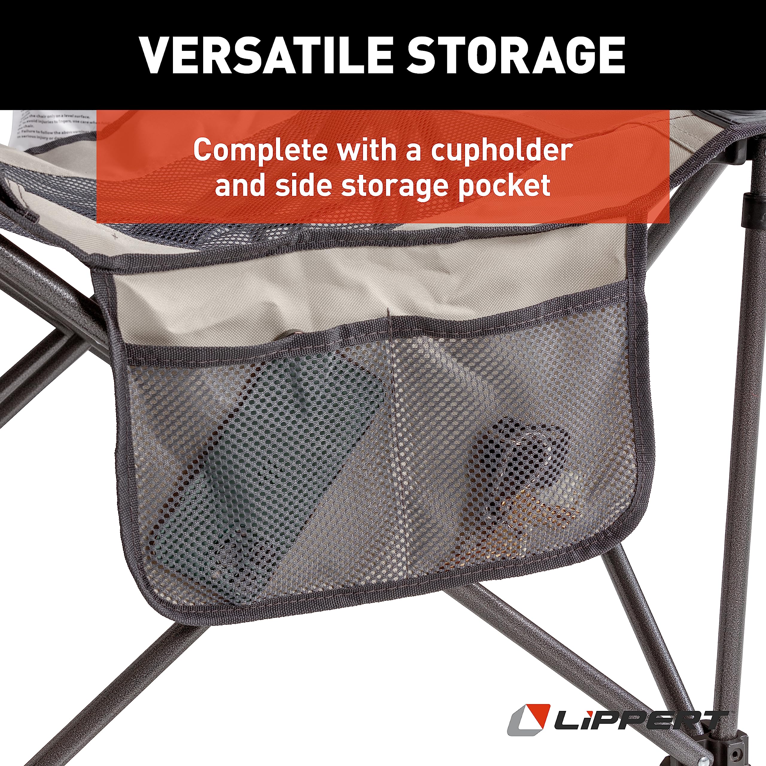 Sun Soaker Lippert Two-Position Vented Reclining Camping Chair with Footrest, 600D Polyester Fabric, Mesh Back/Seat, Padded Headrest, Cupholder, 250-lb. Weight Capacity, Sand Color - 2022114829