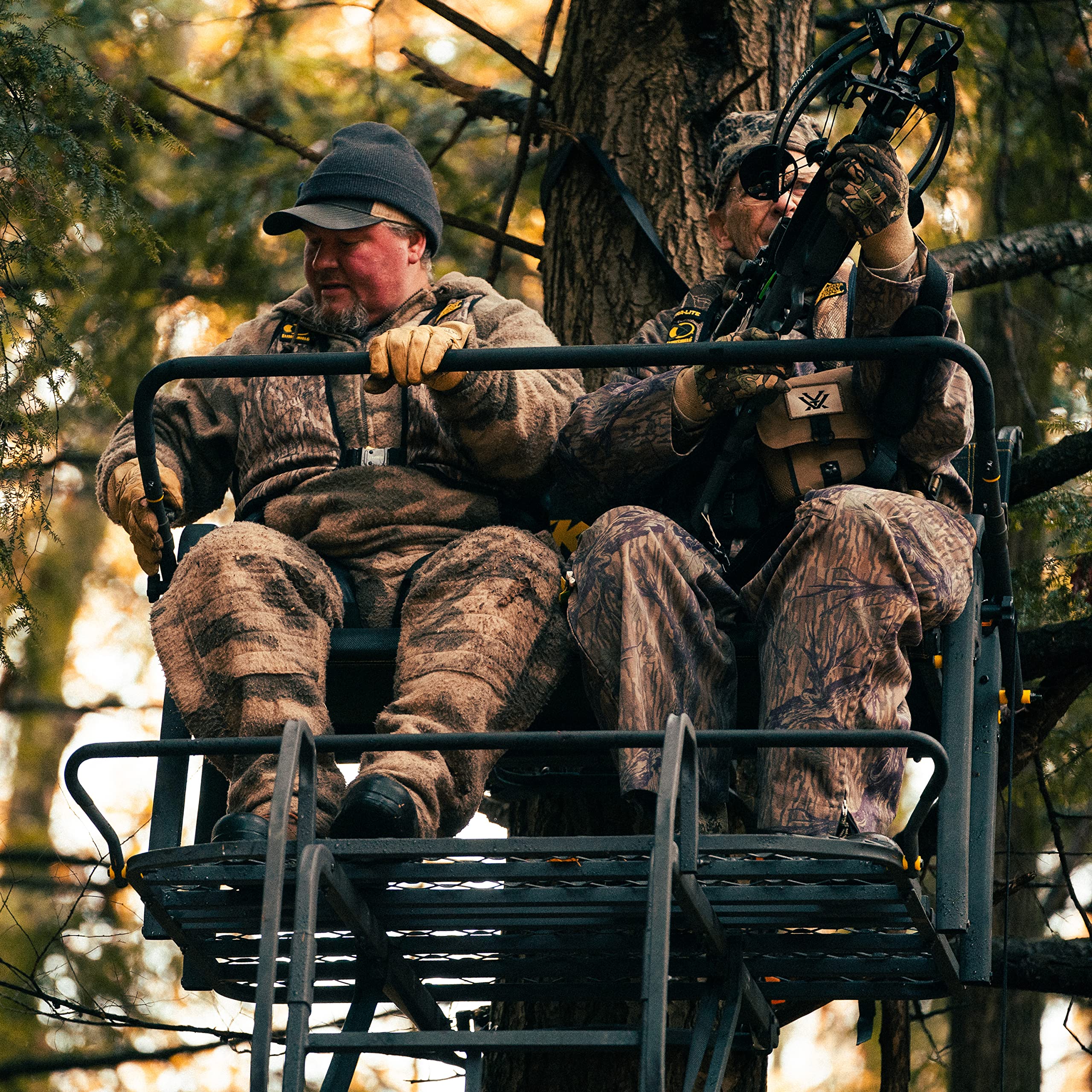 Lockdown™ 21' 2-Man Rivers Edge®, Towering 21' Height, Flip-Up TearTuff™ Mesh Bench Seat, The Ultimate Shooting Rail™, Patent-Pending Ground-Level Ratcheting Technology™, LD202