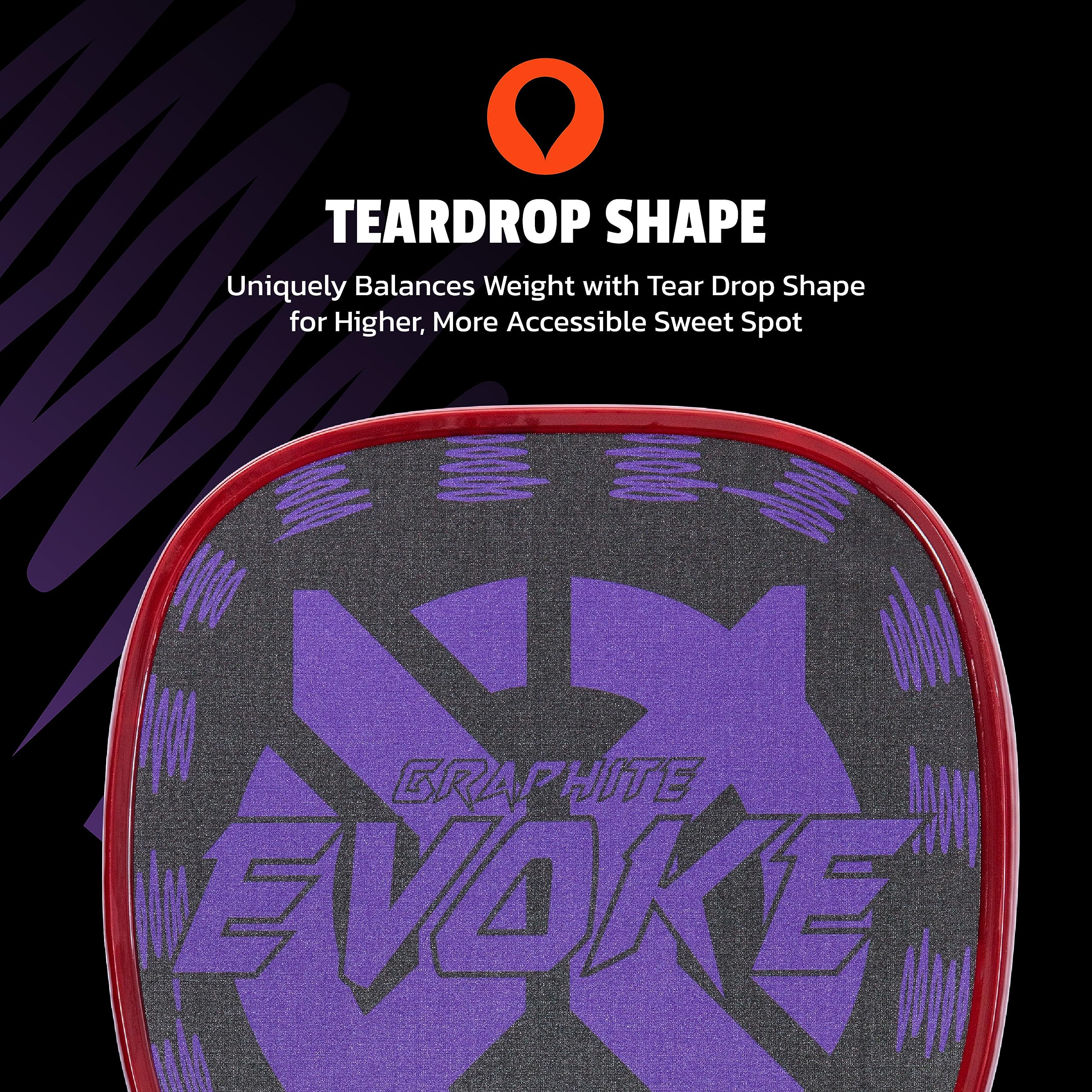 Onix Evoke Graphite Tear Drop Pickleball Paddle Features Tear Drop Shape, Polypropylene Core, and Graphite Face, Purple