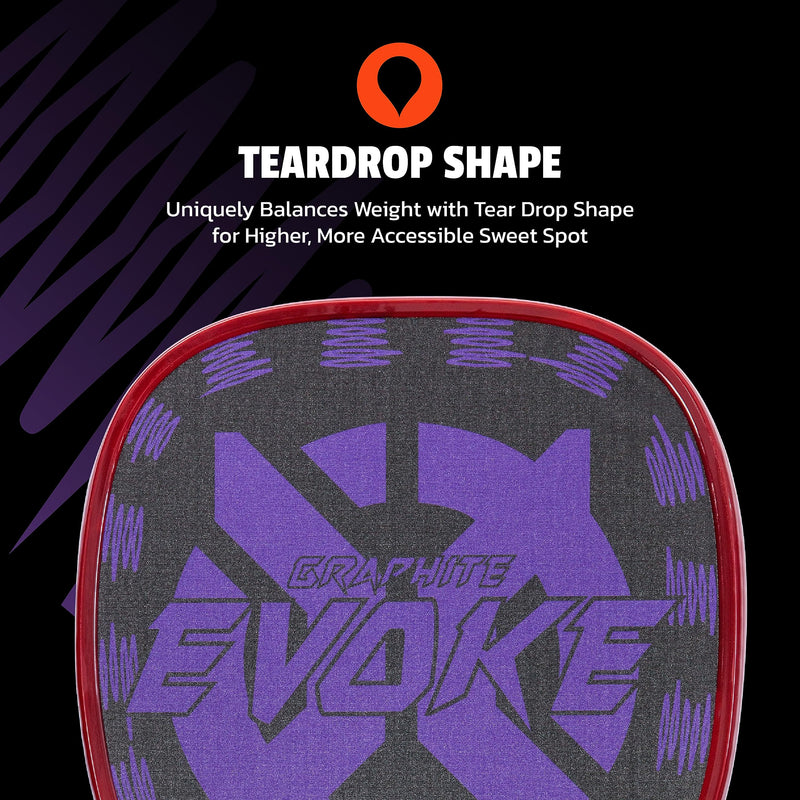 Onix Evoke Graphite Tear Drop Pickleball Paddle Features Tear Drop Shape, Polypropylene Core, and Graphite Face, Purple
