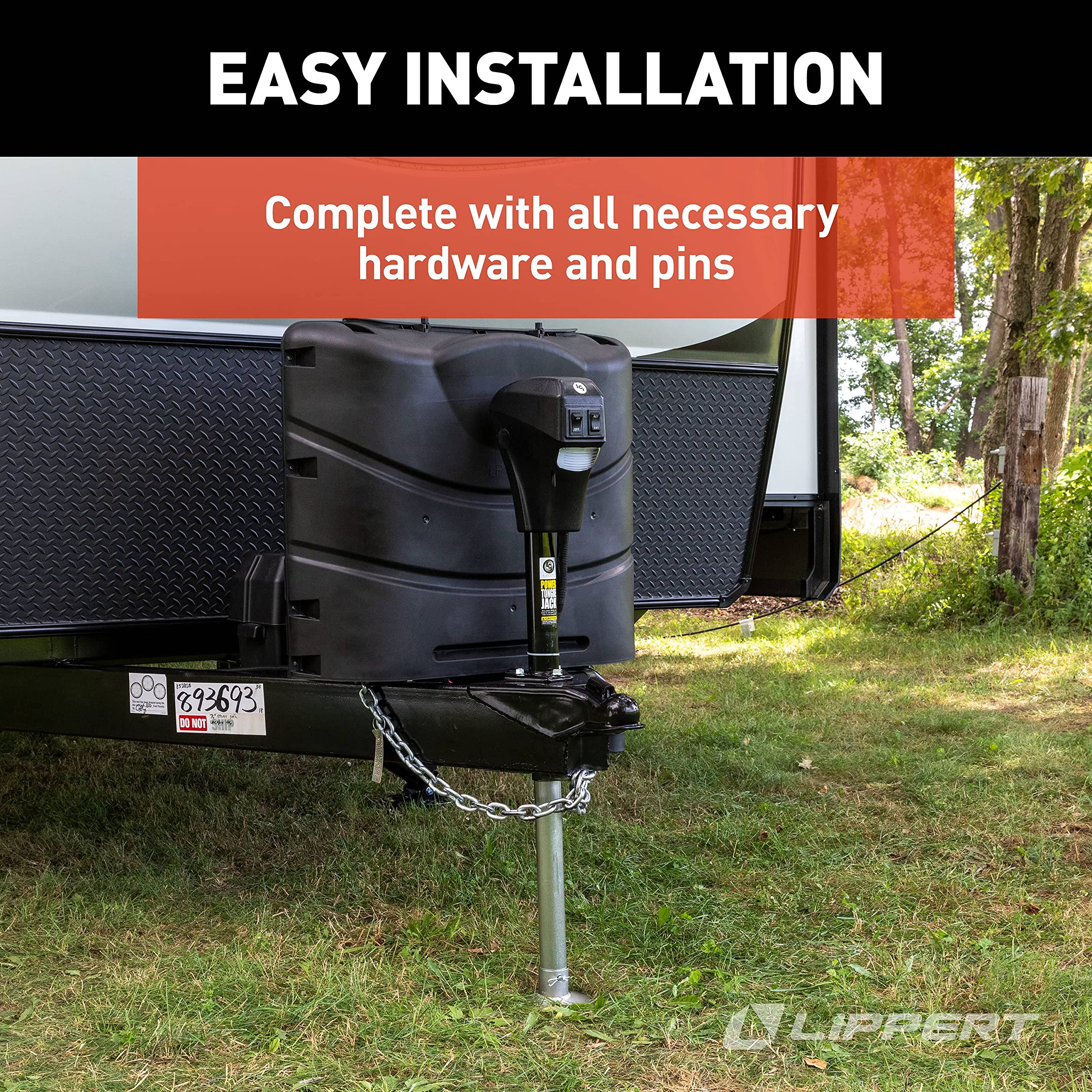 Power Tongue Jack Lippert Electric Trailer A-Frame, 3,500 lbs. 18-Inch Stroke, 5.4-Inch Foot Pad, Durable Textured Casing, Emergency Manual Crank Override, 10.75" Retracted, 28.75" Extended - 285318