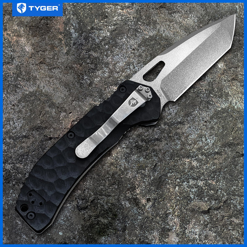 K4 Tyger EDC Folding Pocket Knife | Stone-washed AUS-8 Steel Blade | Black G-10 Handle | TG-KF7A2837