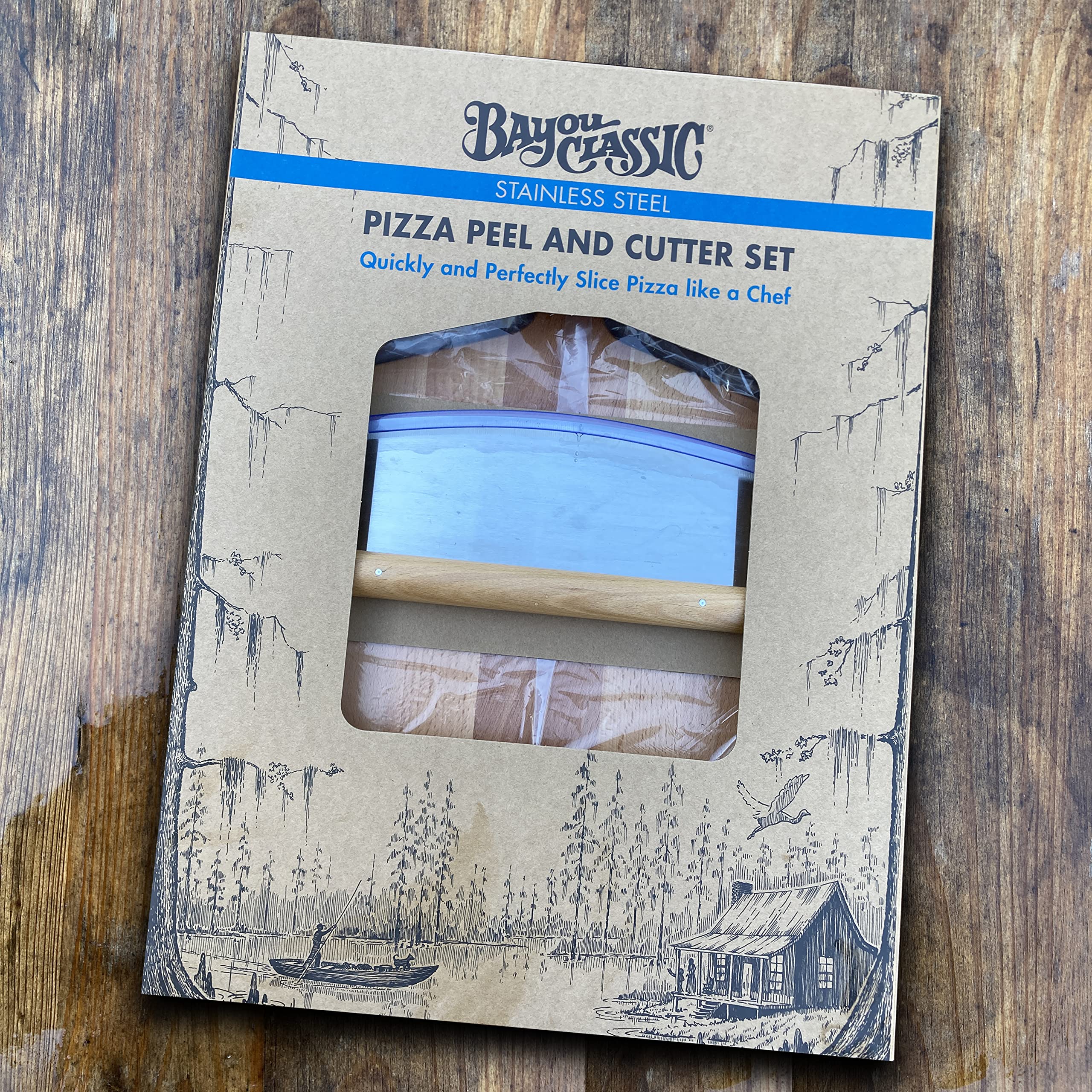 Bayou Classic Pizza Cutter and Peel Set Features 16-in Pizza Peel w/Beveled Edge 13.75-in Two-Handed Rocking Pizza Cutter Perfect For Making Homemade Pizza or Flat-Breads