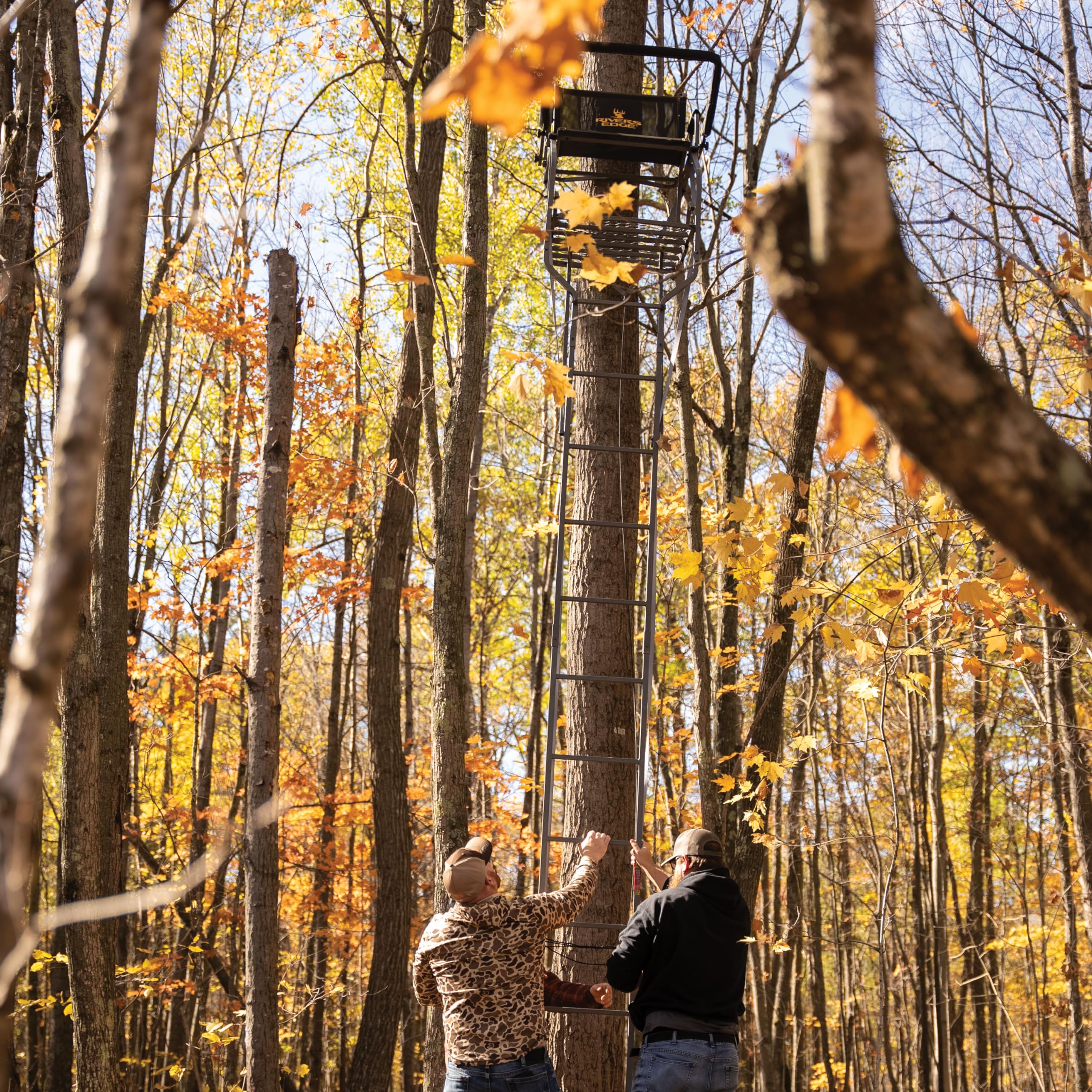 Rivers Edge Jumbo Jack 1-Man LS Ladder Stand, 19’ Height, Lockdown Strapping System, Wide Flip-Up TearTuff Mesh Seat, Jumbo Platform, Flip-Out Footrest, 2-Way Adjustable Shooting Rail, RE674