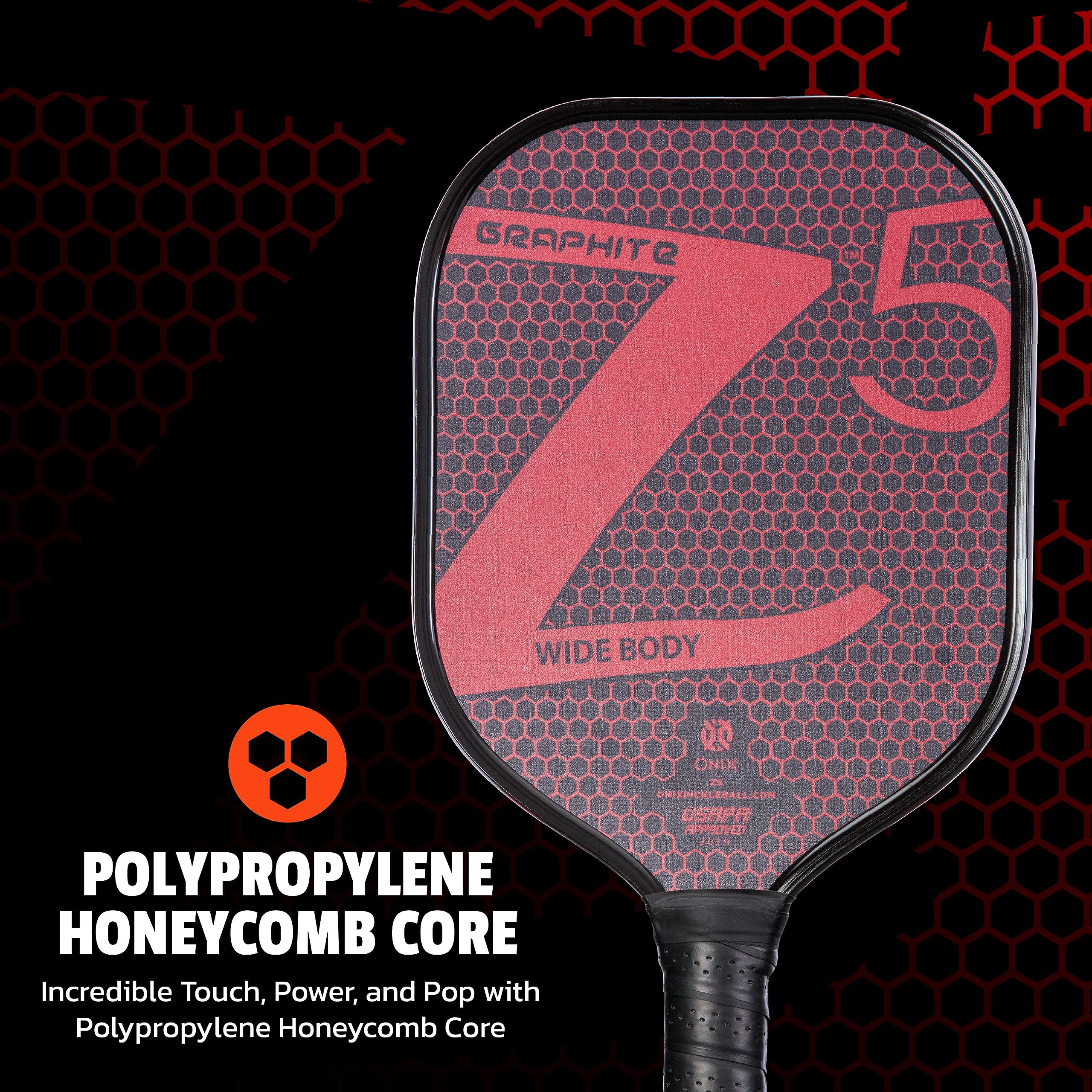 Graphite ONIX Z5 Pickleball Paddle (Graphite Carbon Fiber Face with Rough Texture Surface, Cushion Comfort Grip and Nomex Honeycomb Core for Touch, Control, and Power), Red