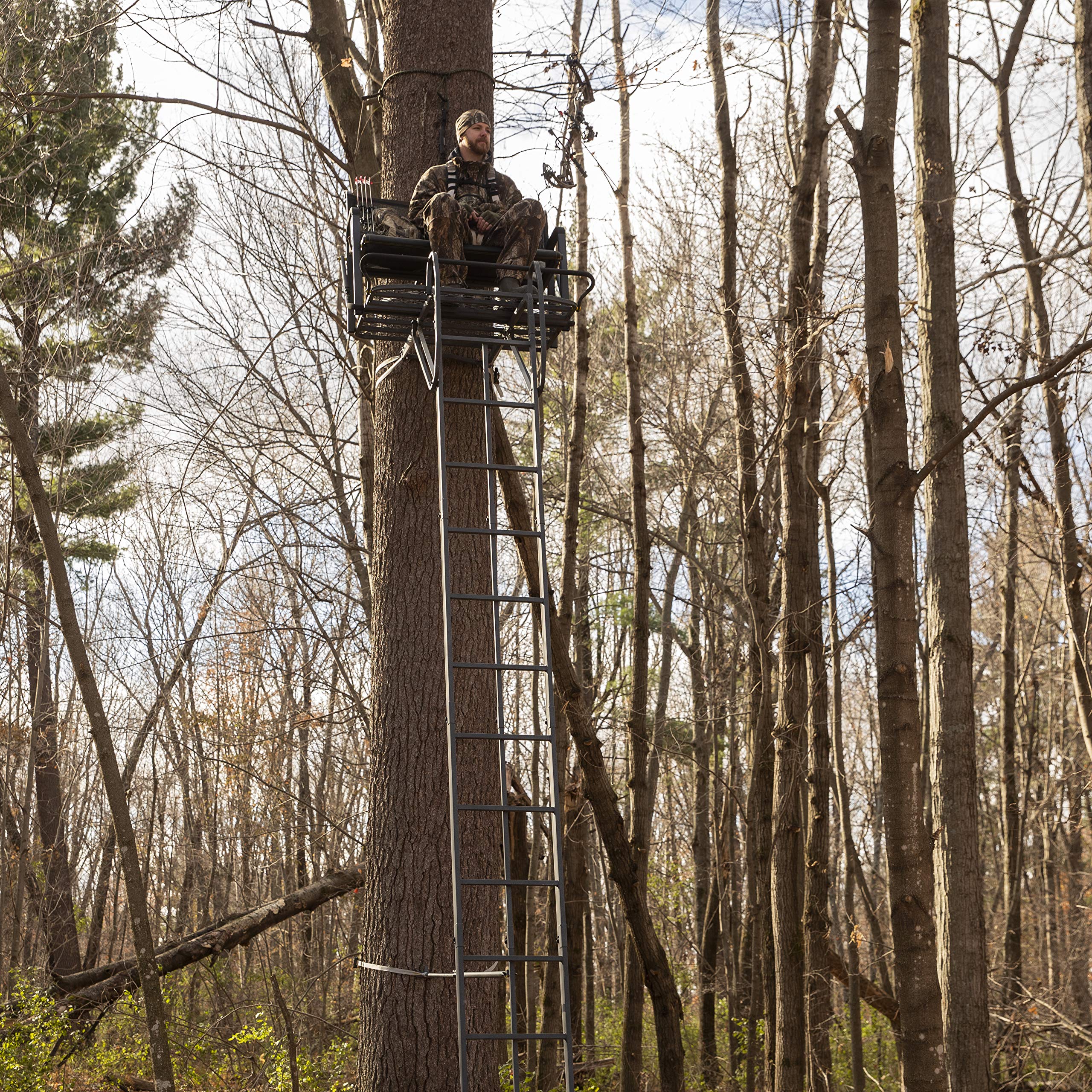 Lockdown™ 21' 2-Man Rivers Edge®, Towering 21' Height, Flip-Up TearTuff™ Mesh Bench Seat, The Ultimate Shooting Rail™, Patent-Pending Ground-Level Ratcheting Technology™, LD202