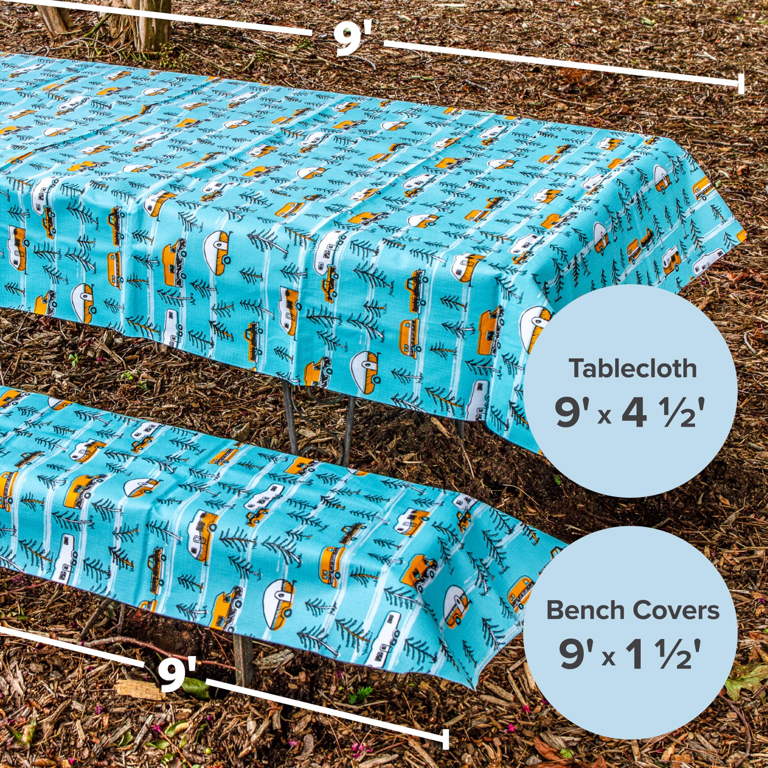 Camco Picnic Table Cover Life is Better at The Campsite with Bench Covers - Provides a Clean Eating Surface for Outdoor Activities - Features an RV and Tree Sketch Design (53380)