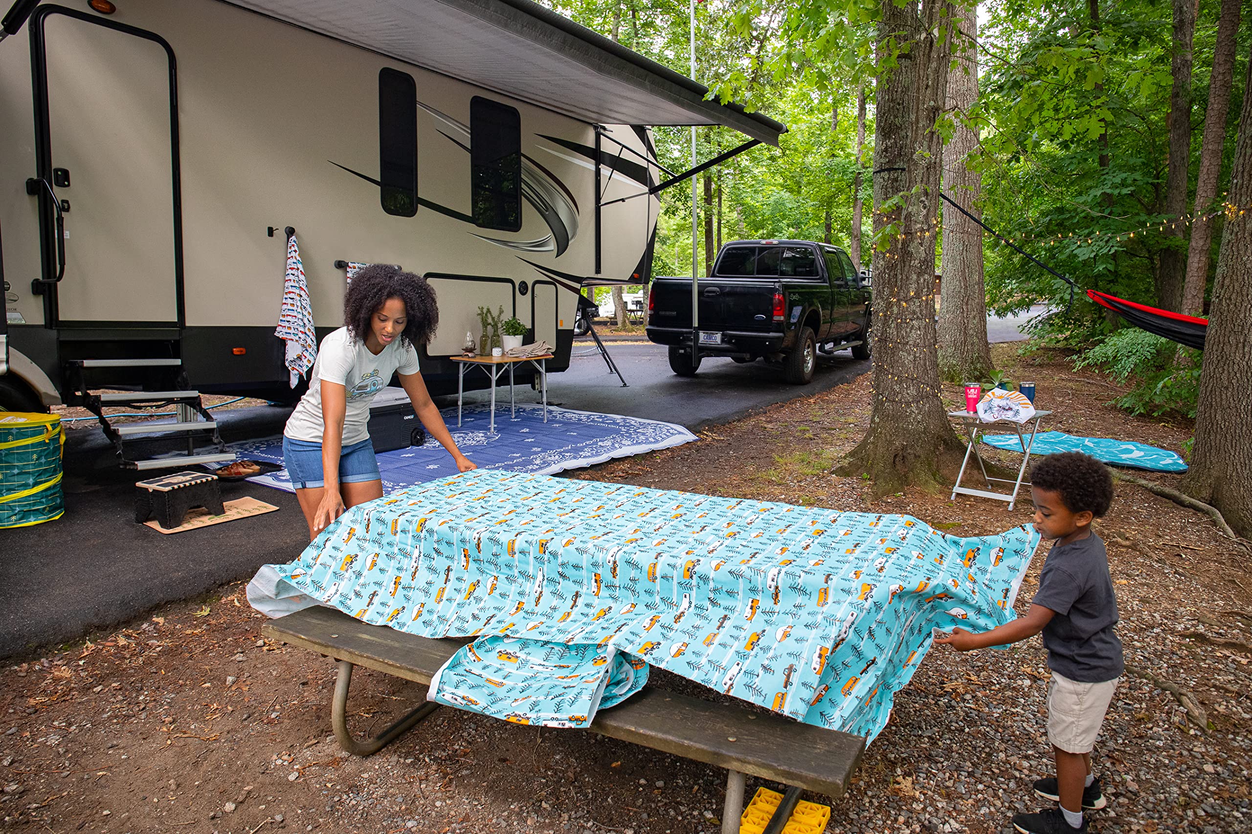 Camco Beach Towel - Life is Better at The Campsite The Perfect Accessory for a Day at The Beach or Pool - Features an RV Design Pattern - 32-Inches x 60-Inches (53303)