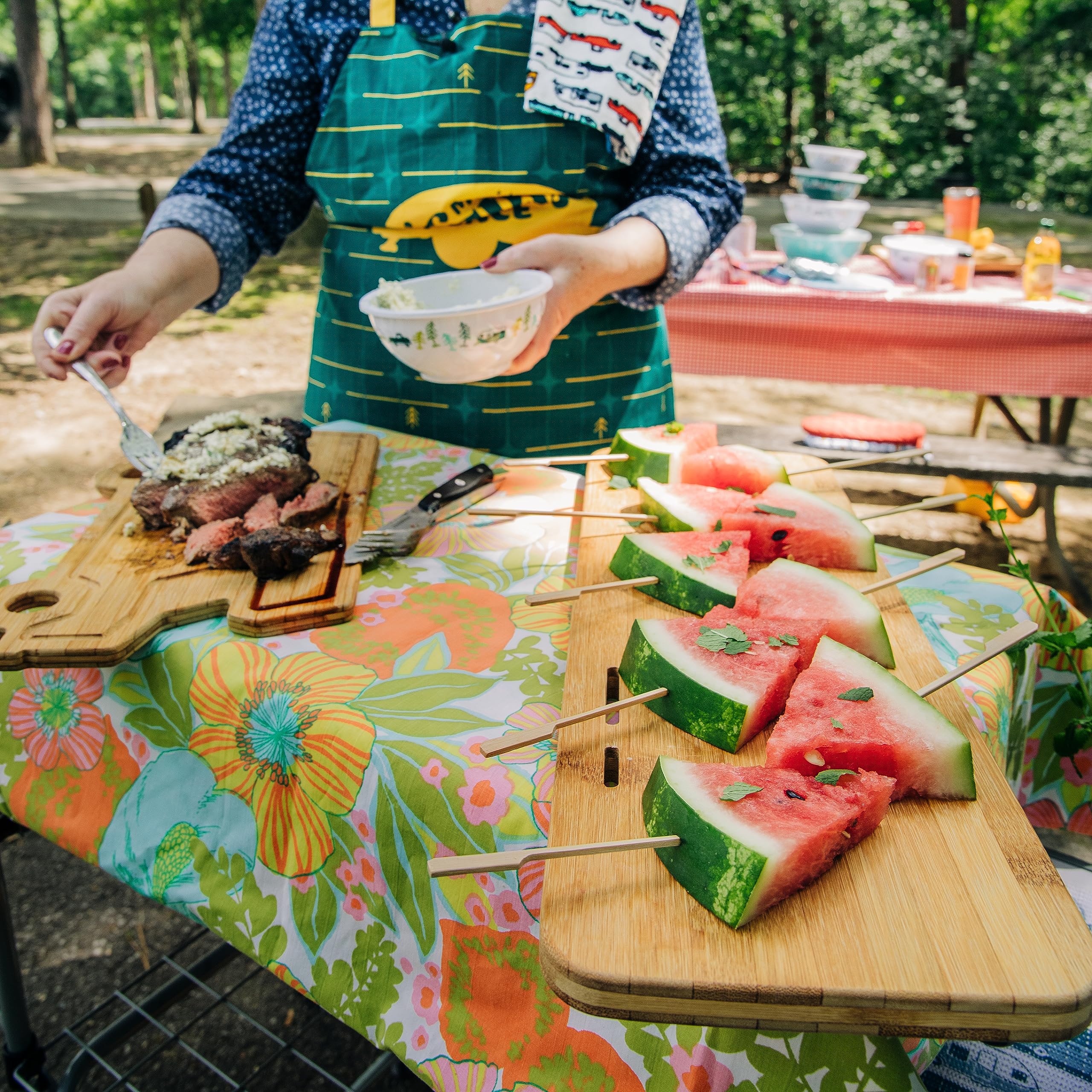 Over The Sink Camco RV/Marine Cutting Board | Features Adjustable Non-Slip Feet, Built-in Knife Slots, and a Durable 3-Ply Bamboo Construction | 24-inches x 8-inches (43543)