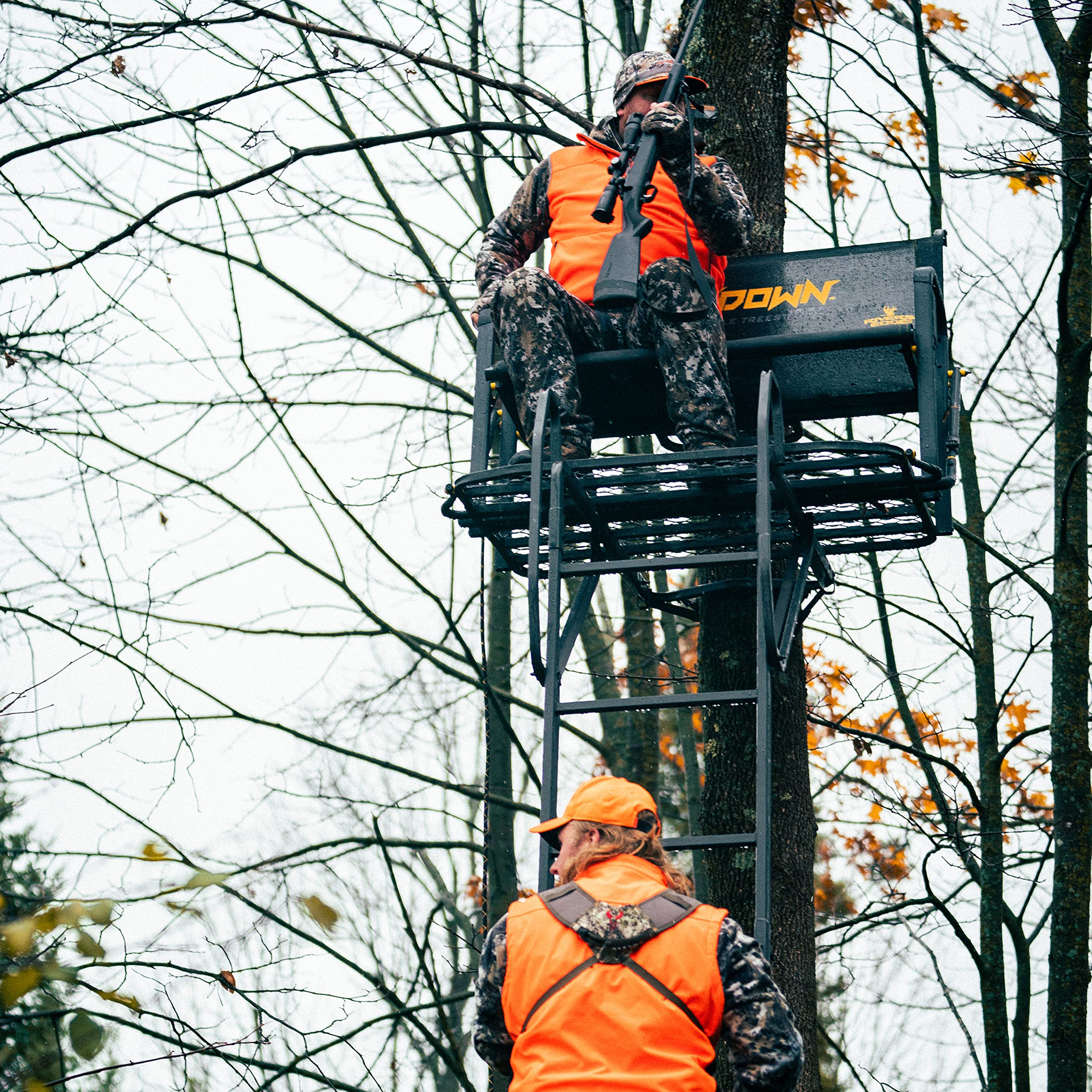 Lockdown™ 2-Man Rivers Edge® 17' Height, Flip-Up TearTuff™ Mesh Bench Seat, The Ultimate Shooting Rail, Patent-Pending Ground-Level Ratcheting Technology™, LD203