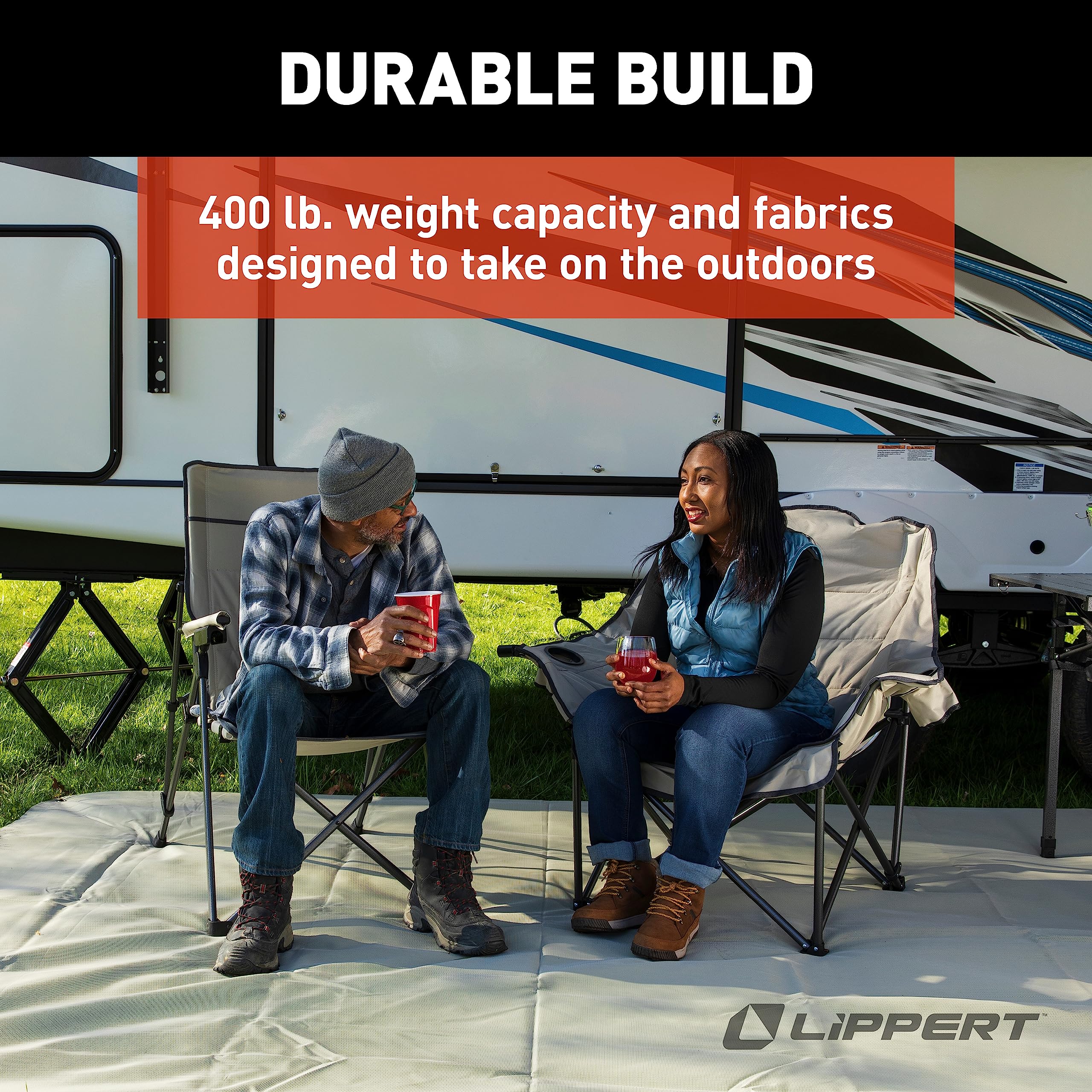 Lippert Big Bear Camping Chair Club - Sand, Comfortable Foldable Chair, Oversized Pillow Cushions, Dual Cupholders, Powder Coated Steel, 600D Polyester Fabric, 400 lb. Capacity, 2022114813