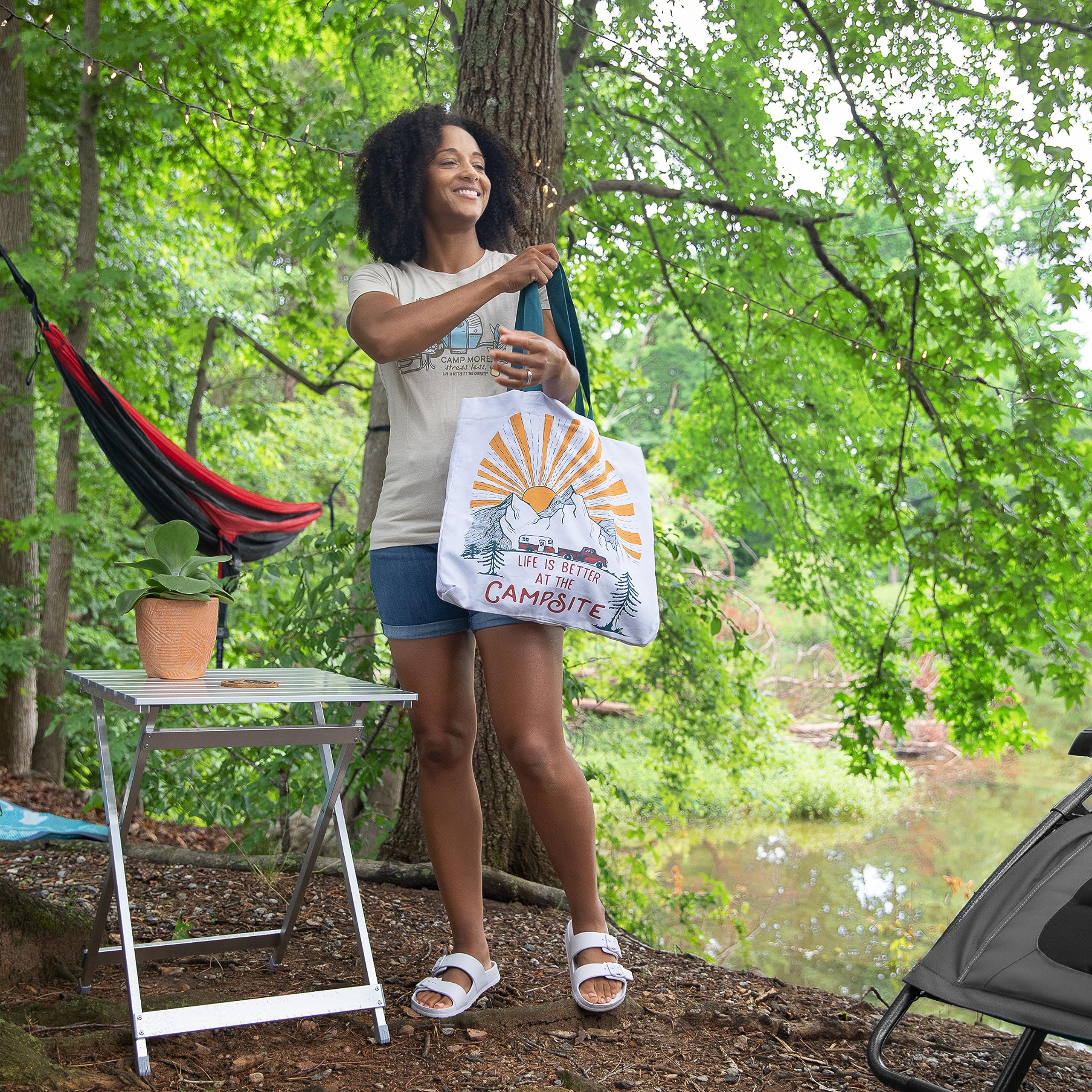 Camco Large Side Table Aluminum - Features Easy Setup & Supports Up to 110lbs - 19.5 L x 20” W x 24.25” H - Great for Camping, RVing & More - Folds to 2” (W) for RV Storage and Organization (51891)