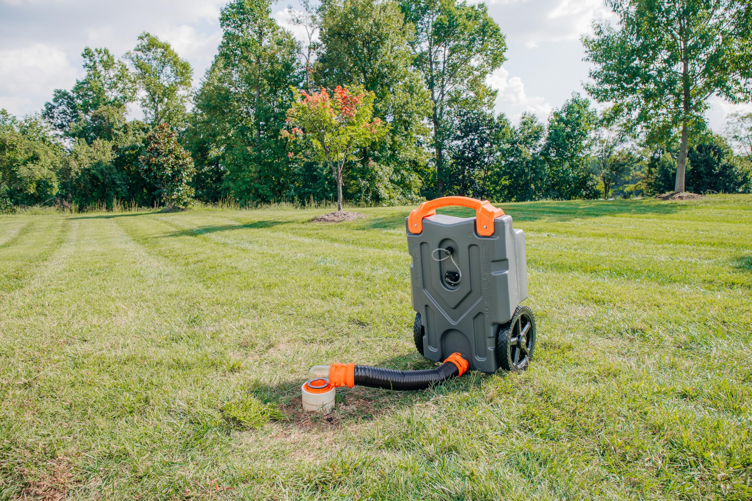Camco 15-Gallon Rhino Portable RV Tote Tank - Features Large Heavy-Duty No-Flat Wheels & Low Drain Hole - Includes Removable Steel Tow Adapter, 3’ Sewer Hose & More RV Accessories (39000)