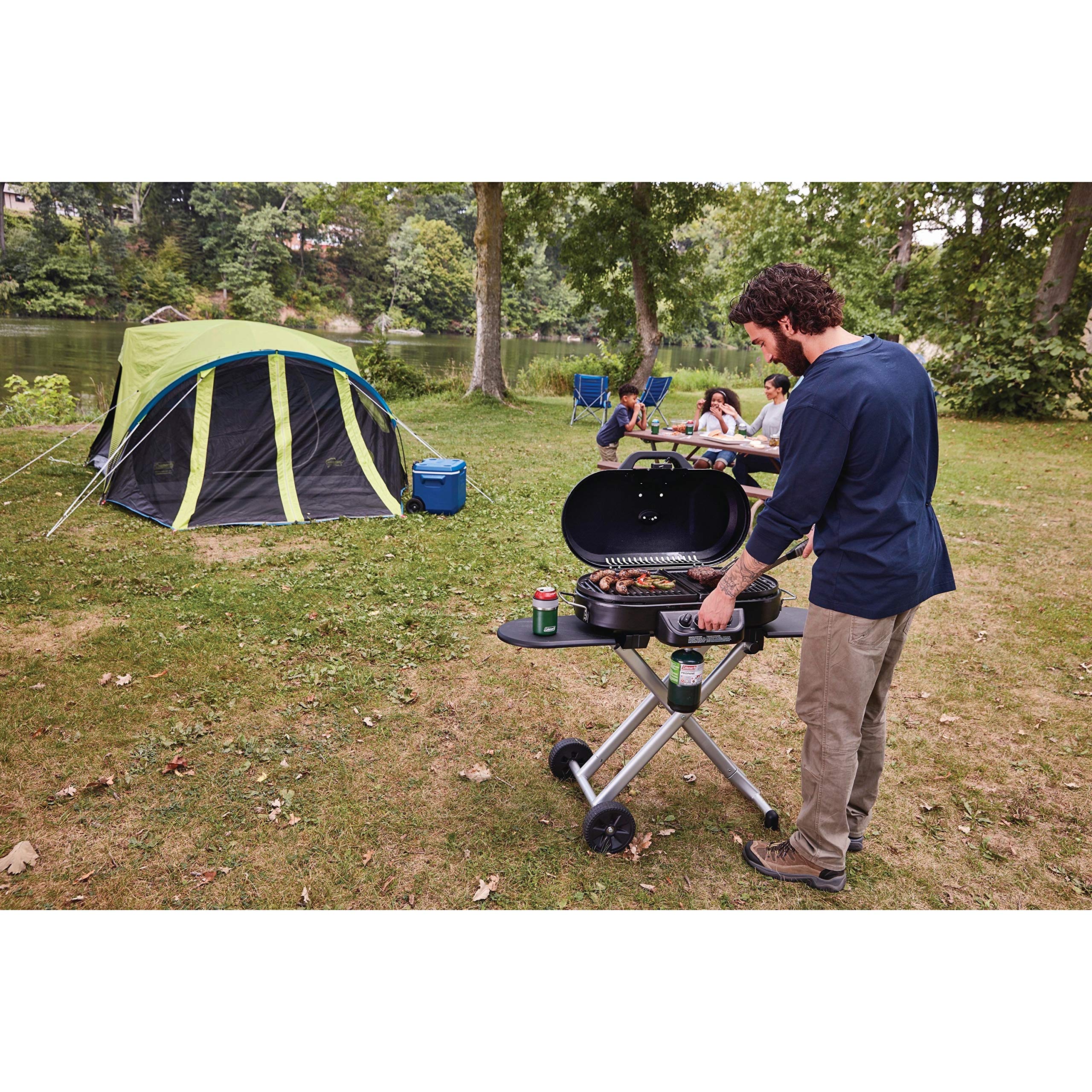 Coleman 285 RoadTrip Portable Stand-Up Propane Grill with 3 Adjustable Burners & Instastart Ignition, 20,000 BTUs of Power for Outdoor Cooking, Camping, Tailgating, Grilling, BBQs, & More