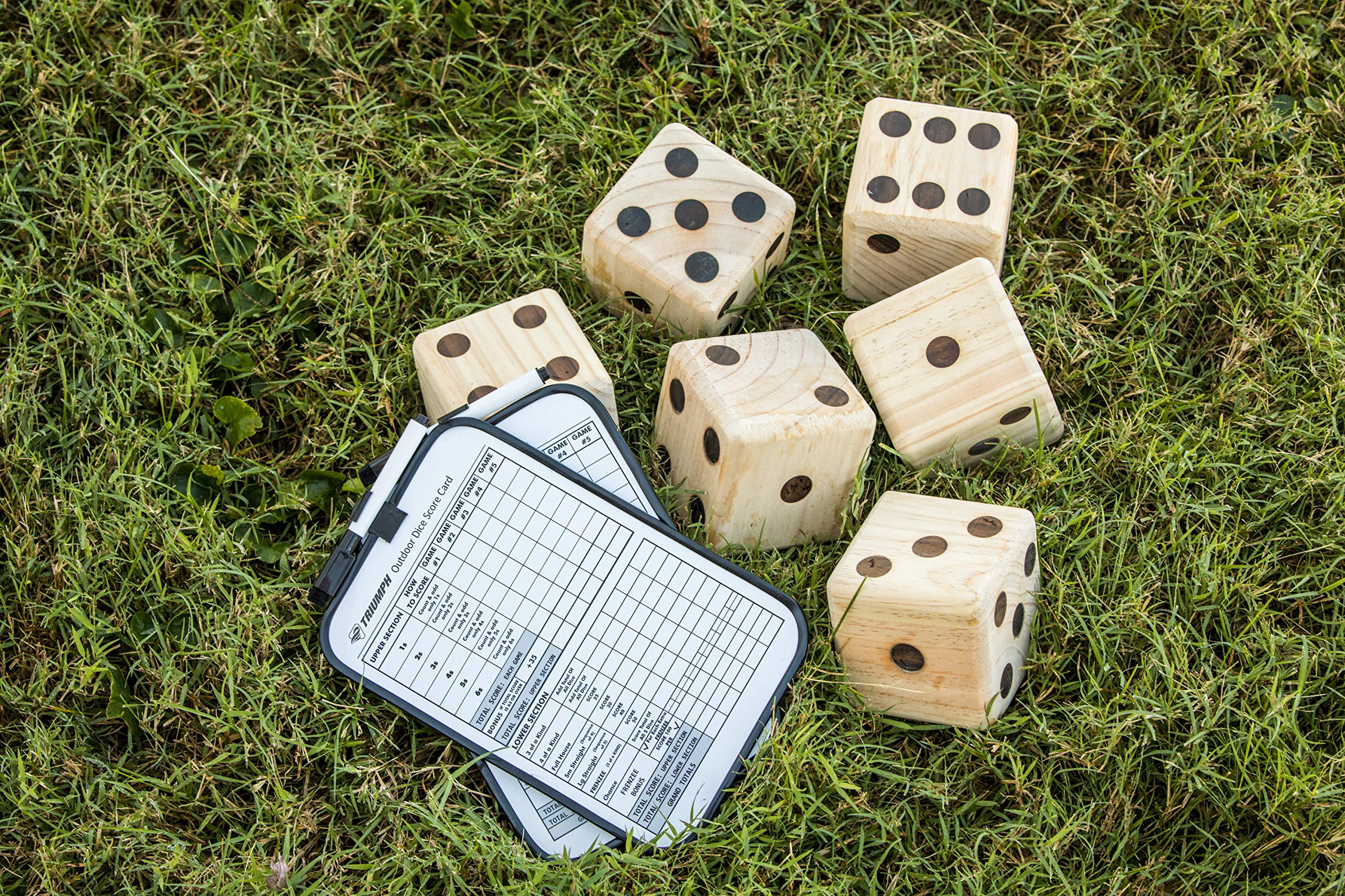 Giant Wooden TRIUMPH Lawn Dice - Includes 6 Large Lawn Dice, Dry-Erase Scorecards, Markers and Carry Bag