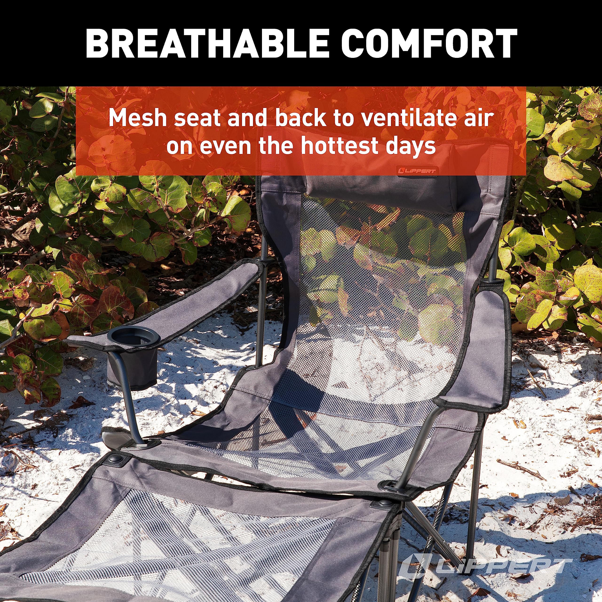 Sun Soaker Lippert Two-Position Vented Reclining Camping Chair with Footrest, 600D Polyester Fabric, Mesh Back/Seat, Padded Headrest, Cupholder, 250-lb. Weight Capacity, Sand Color - 2022114829