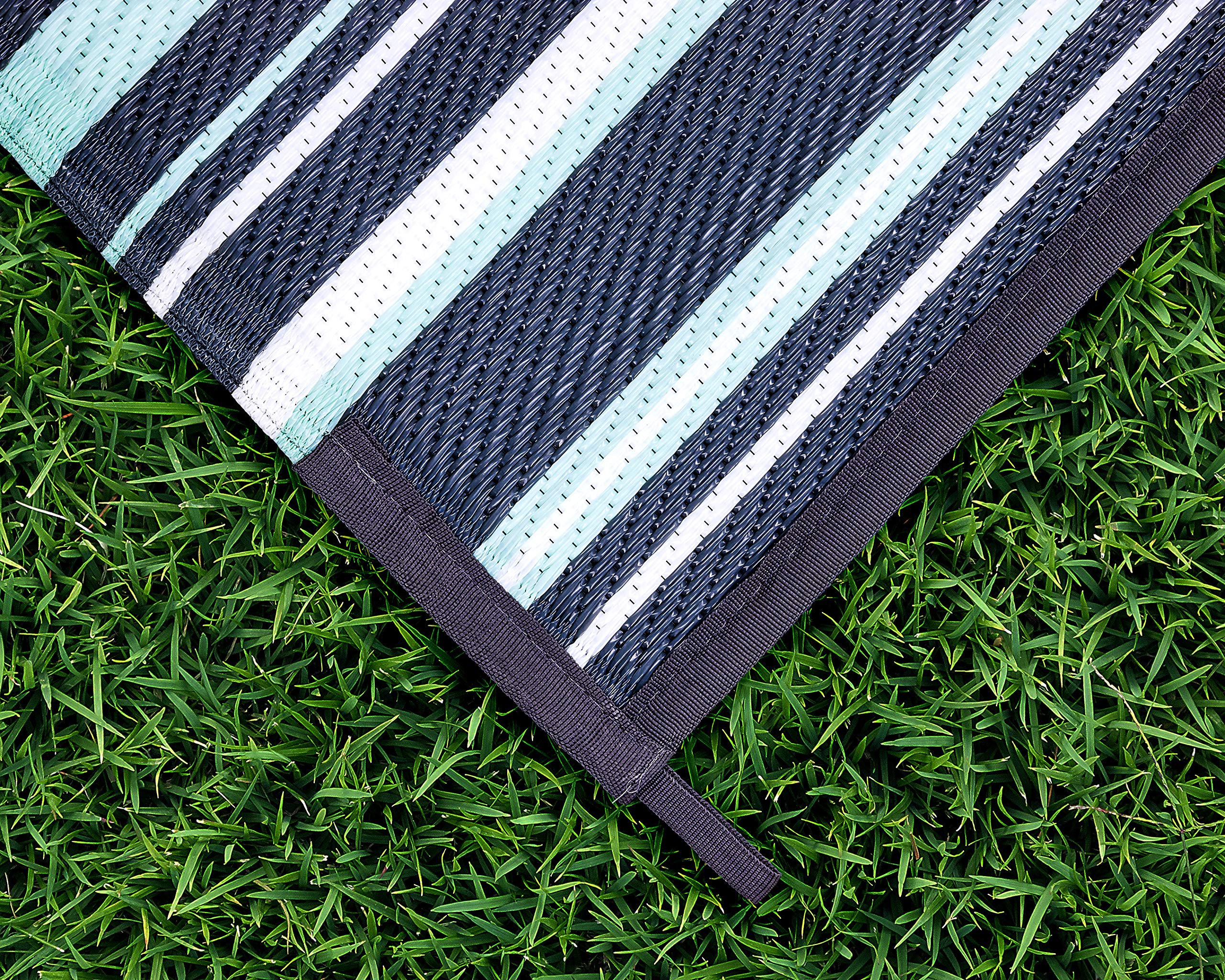 Camco Reversible Large Outdoor Patio Mat, Easy to Clean, Perfect for Picnics, Cookouts, Camping, and The Beach (9' x 12', Green and White Striped Design) (42864)