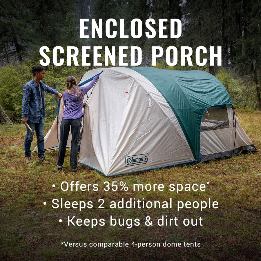 Coleman Camping Tent with Screened Porch, 4/6 Person Weatherproof Cabin Tent with Enclosed Option, Includes Rainfly, Carry Bag, Extra Storage, and 10 Minute Setup