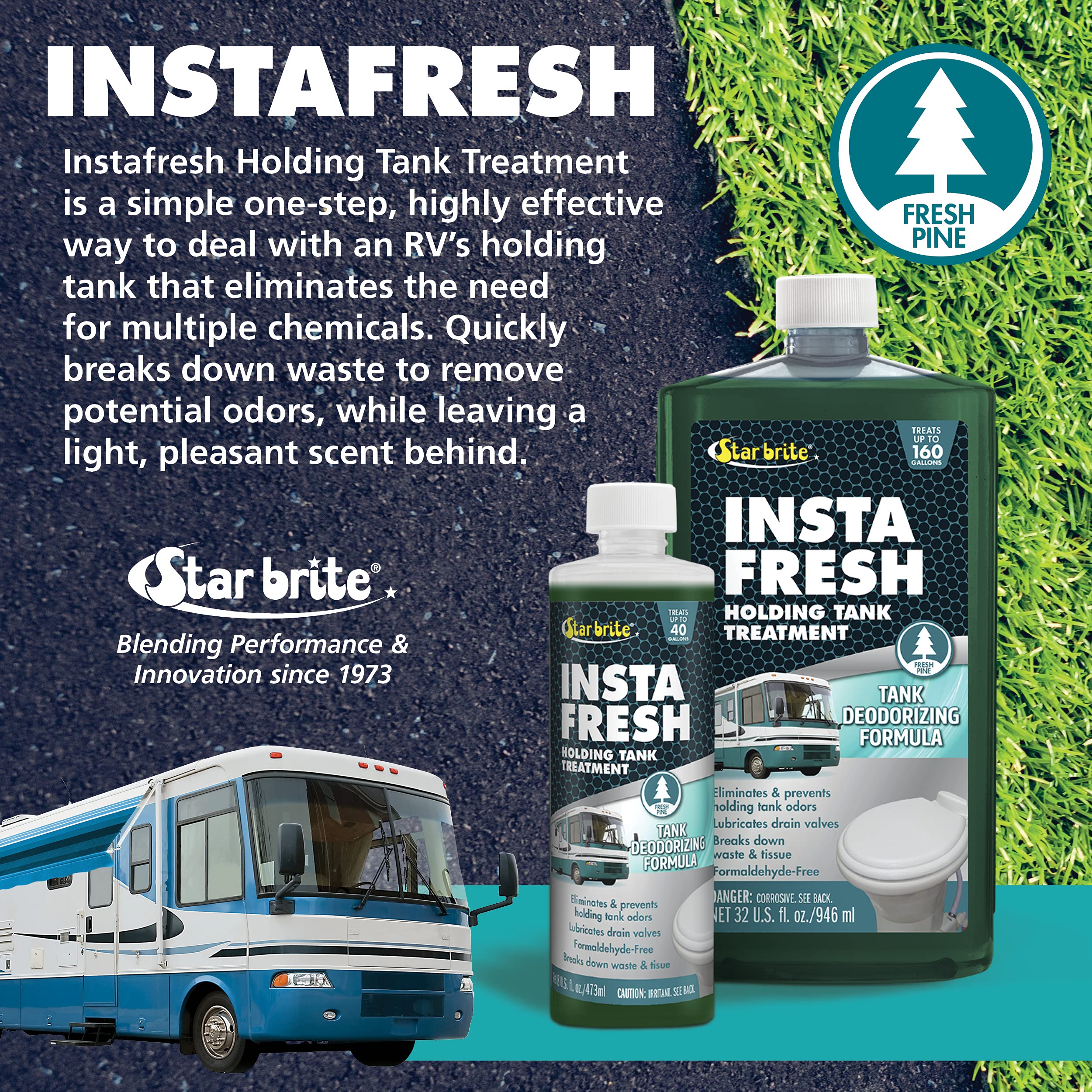 Instafresh STAR BRITE Holding Tank Treatment - Fresh Pine Scent - 32 OZ - Odor Eliminator & Waste Breakdown - RV, Marine, Boat Use - Formaldehyde-Free (072832)