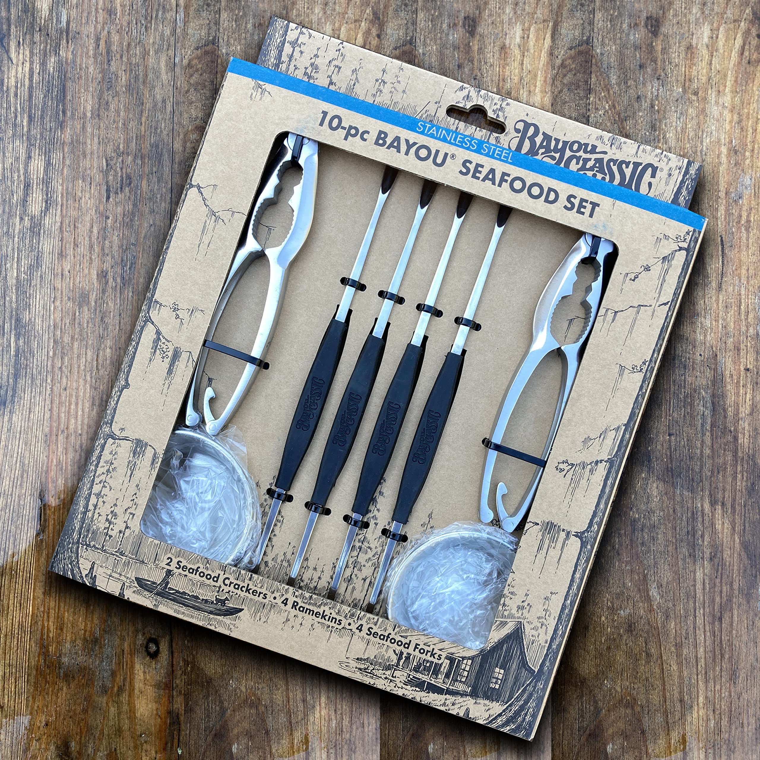 Bayou Classic Seafood Set 10-pc Features 4-ea Seafood Crackers 4-ea Seafood Forks Ramekins Perfect to Use When Hosting a Seafood Boil and Dining Alfresco