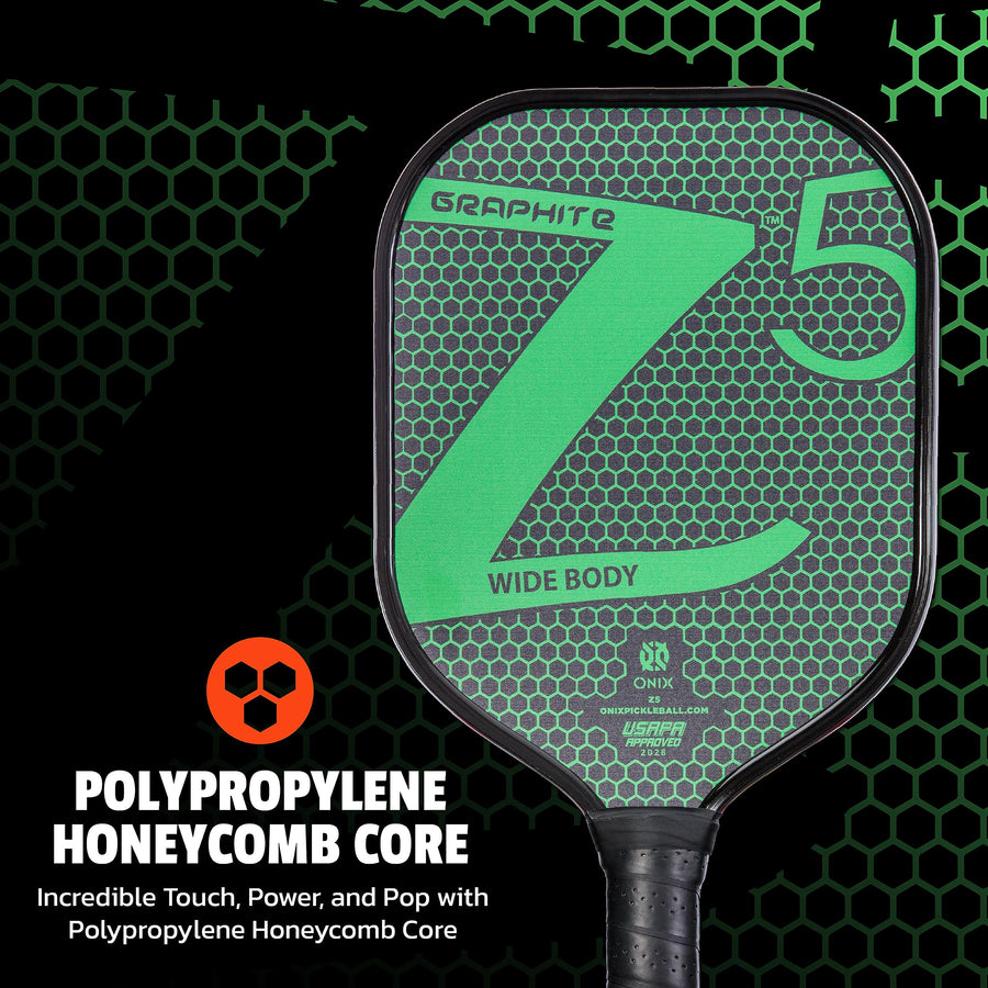 Graphite ONIX Z5 Pickleball Paddle (Graphite Carbon Fiber Face with Rough Texture Surface, Cushion Comfort Grip and Nomex Honeycomb Core for Touch, Control, and Power), Green