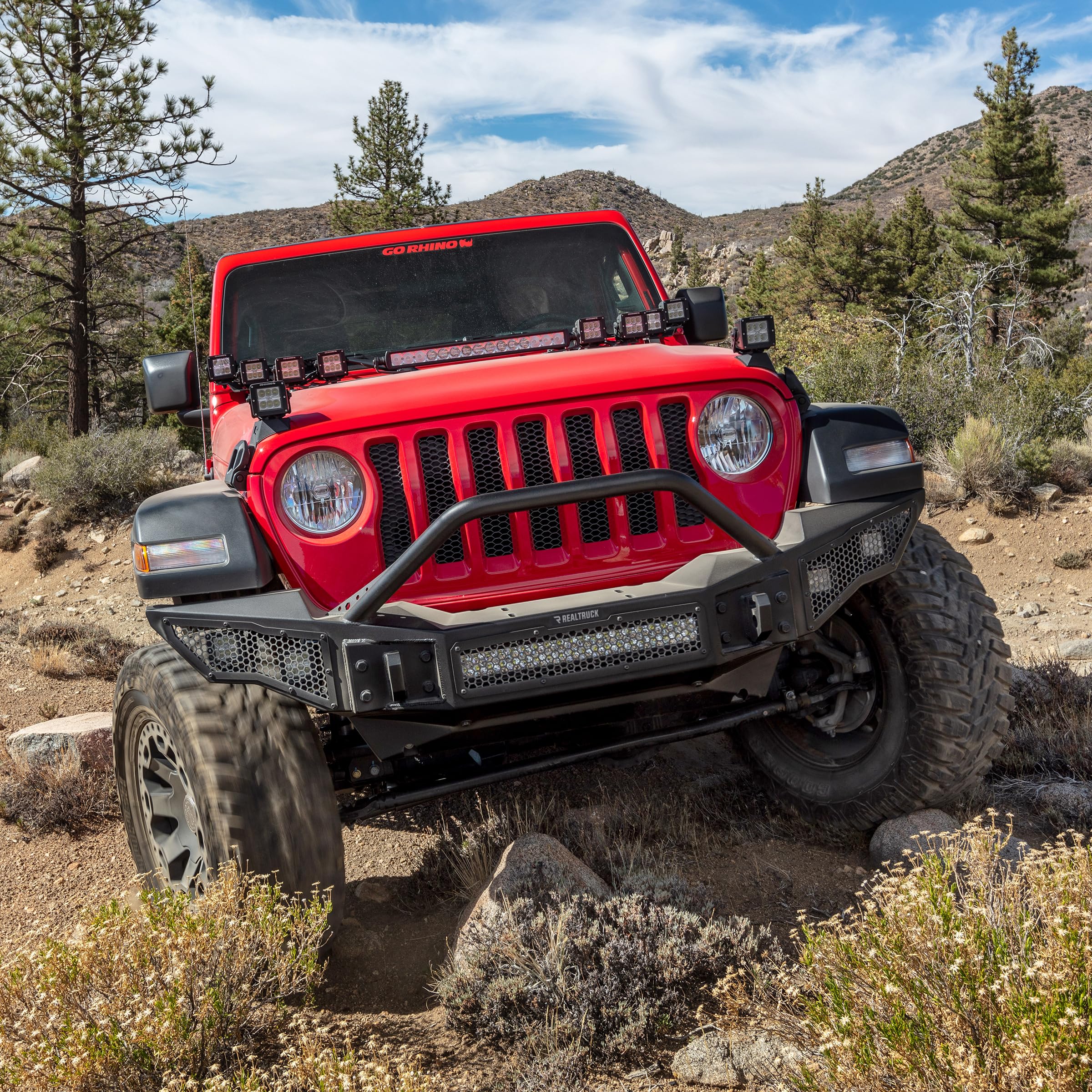 Rockline Go Rhino Full Width Front Bumper w/ Overrider | Galvanized Steel, Textured Black | 331201T | Fits 2007 - 2024 Jeep Wrangler JL, JLU, JK, JKU, Gladiator JT, 2-Door or 4-Door