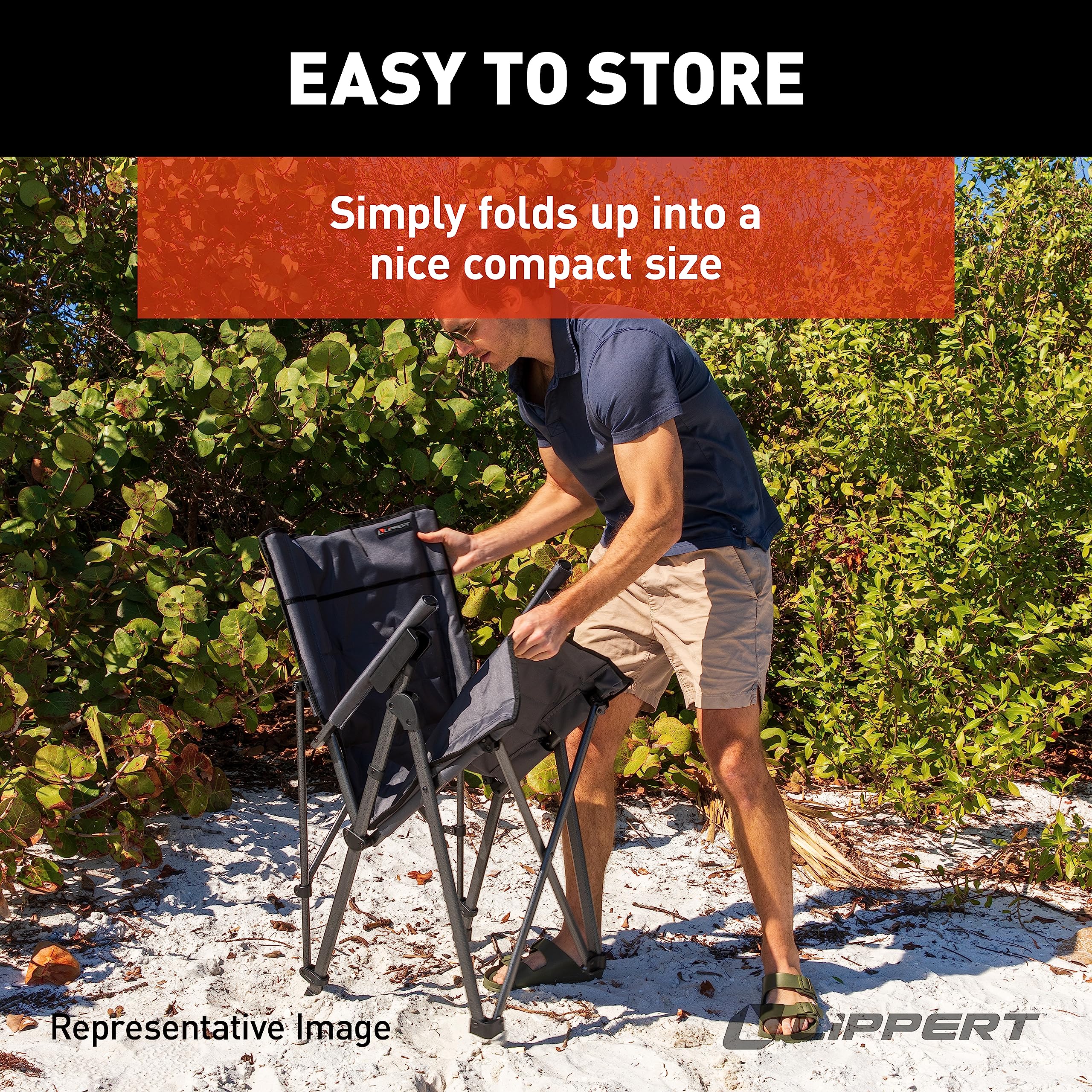 Sun Soaker Lippert Three-Position Reclining Camping Chair with 600D Polyester Fabric, Padded Back/Seat, Steel Frame Construction, 250-lb. Weight Capacity, Sand Color - 2022120580